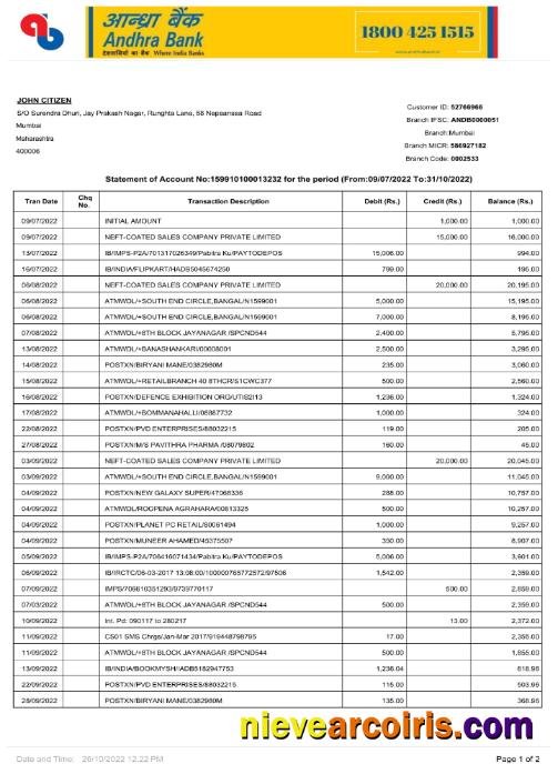 India Andhra bank statement Word and PDF, 2 pages p1